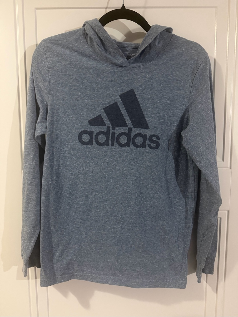 adidas Heather Blue Hooded Long Sleeve Tee with Navy Logo, Boys Youth L